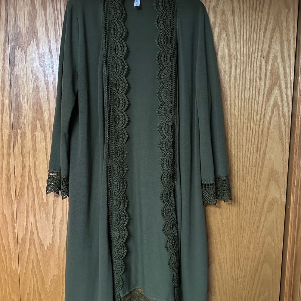 Tickled Teal Olive Lace Trim Duster